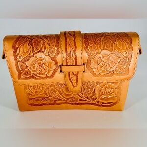 Vintage Tooled Floral Embossed Tan Leather Clutch Handbag by PYMSA